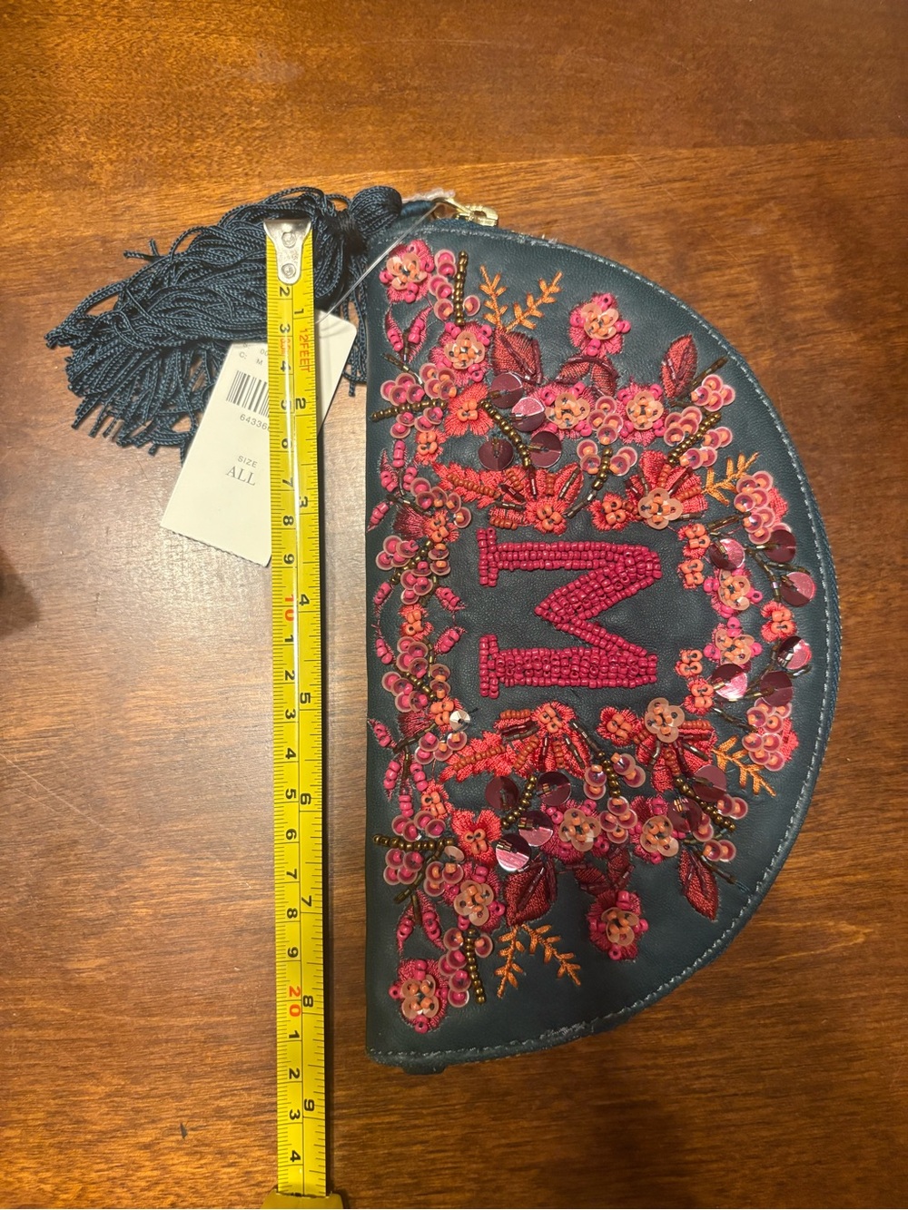 Anthropologie Embroidered 'M' Half-Moon Clutch with Tassel - Picture 4 of 7
